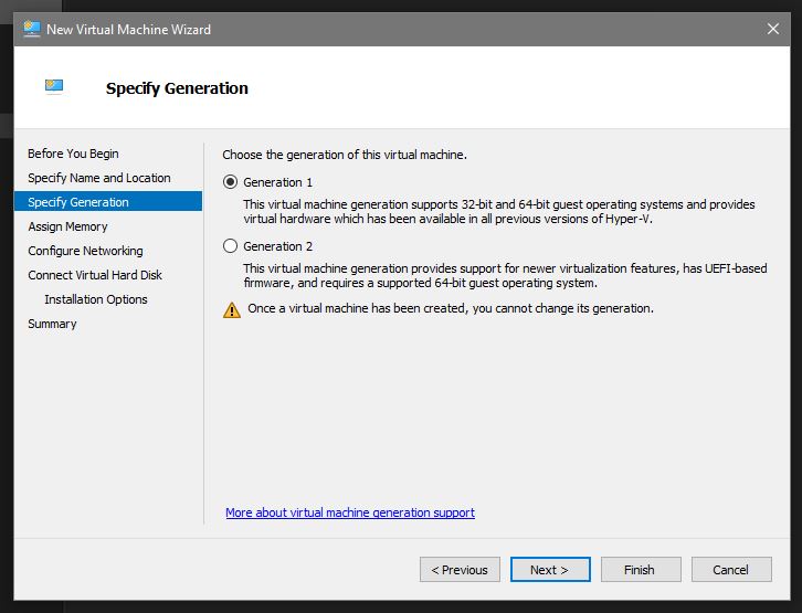 Hyper-V manager New Virtual Machine Wizard