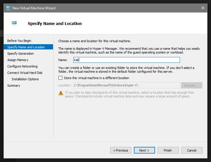 Hyper-V manager New Virtual Machine Wizard