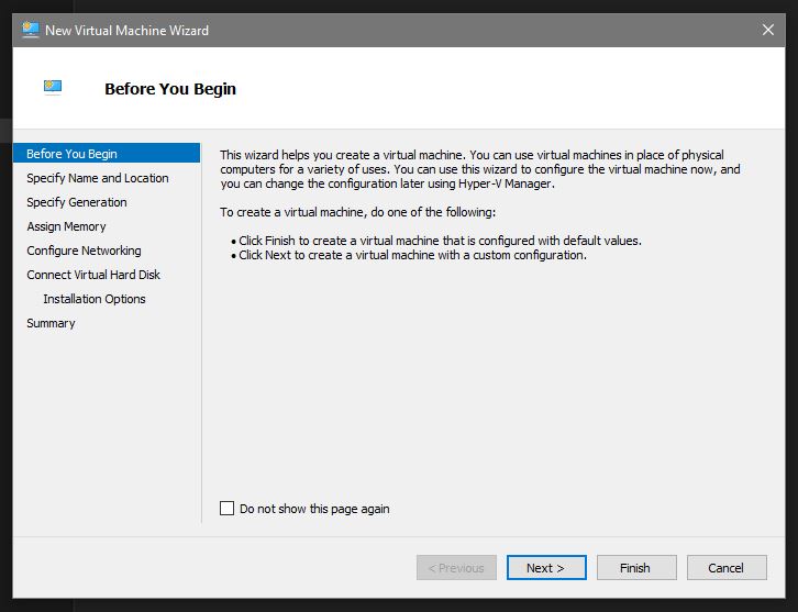 Hyper-V manager New Virtual Machine Wizard