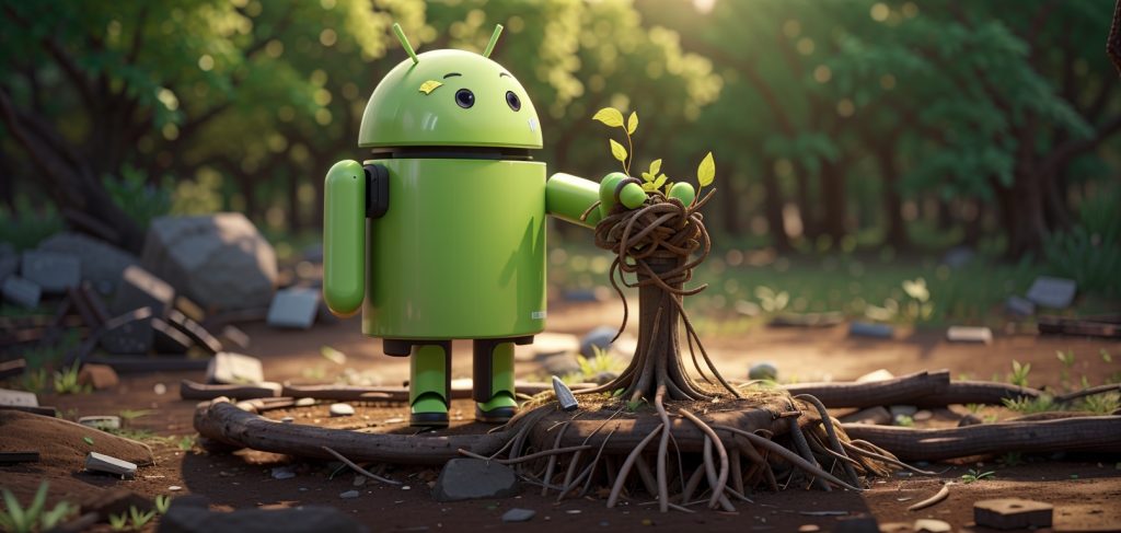 A green robot with a tree branch
Description automatically generated