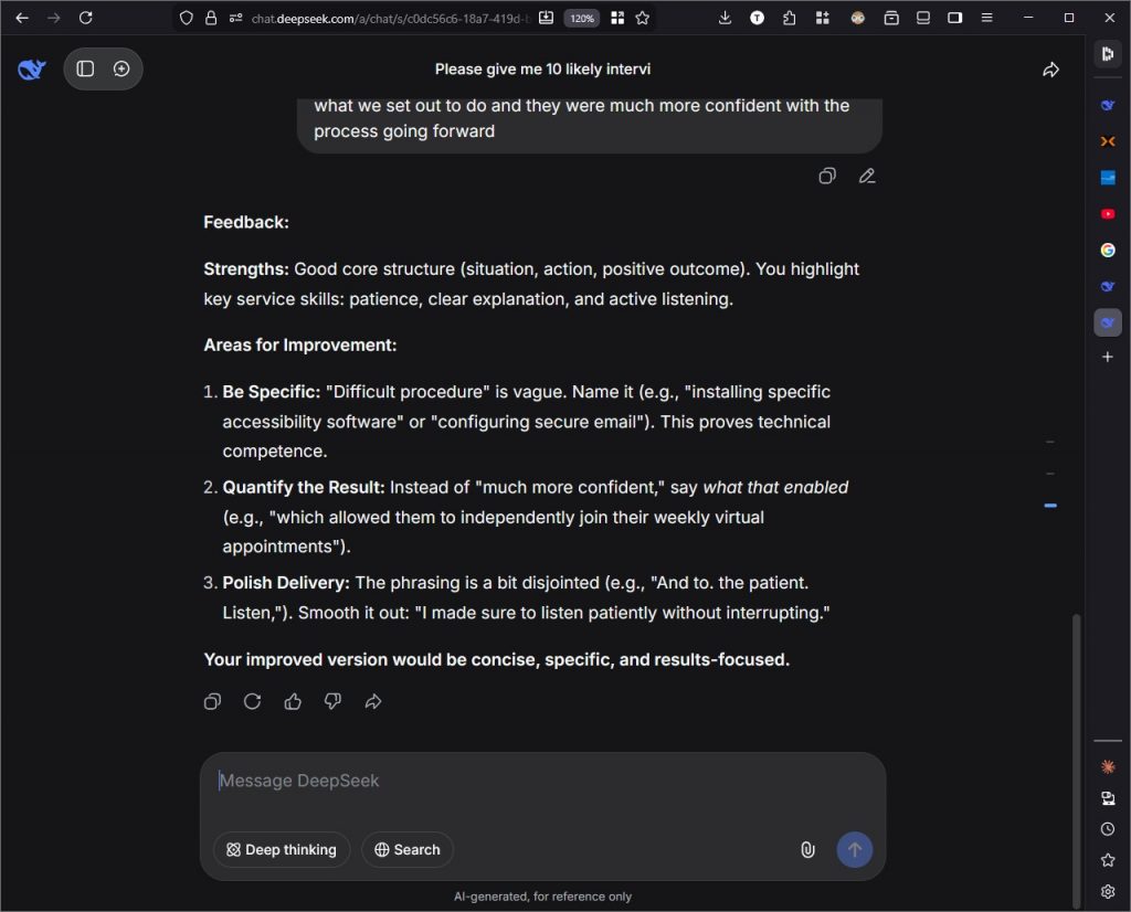Screen shot for AI Interview Practice Question Responses